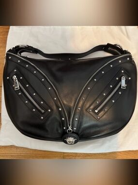 Versace Black Leather Studded Shoulder Bag with Silver Hardware